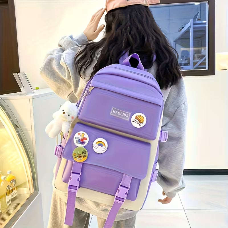 5pcs Campus Backpack Set, Canvas Backpack with Plush Bear, Badge, Coin Wallet