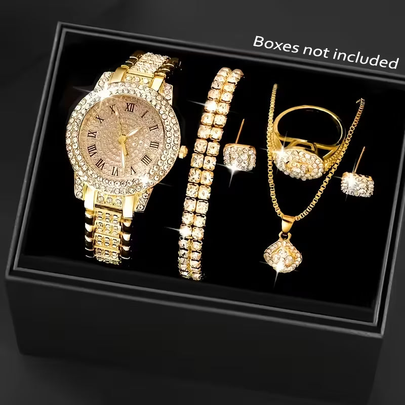 6pcs Luxury Fashion Women'S Jewelry Set, Zinc Alloy Quartz Watch with Necklace,