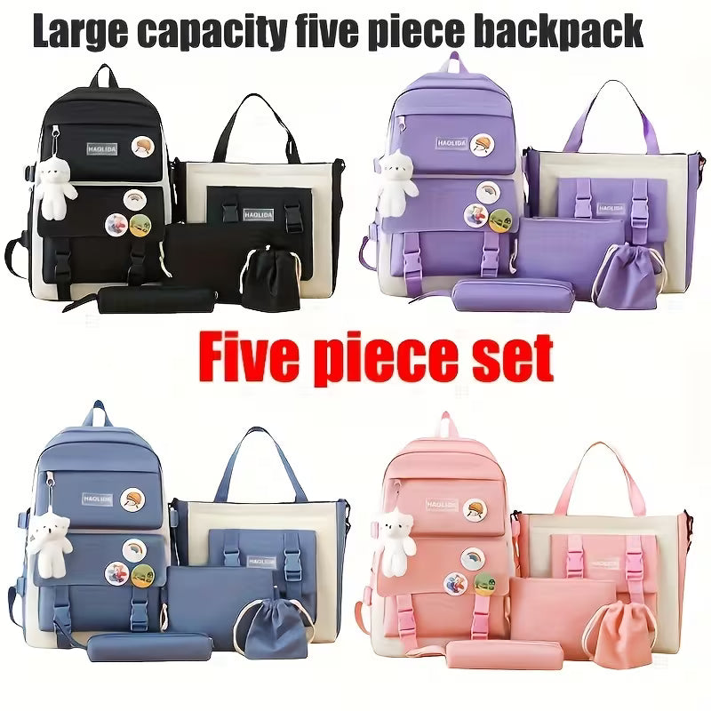 5pcs Campus Backpack Set, Canvas Backpack with Plush Bear, Badge, Coin Wallet