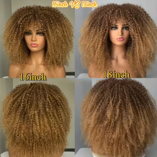 18-Inch Afro Kinky Curly Wig with Bangs for Women - Soft, Voluminous Synthetic Hair, Dark Brown to Blonde Gradient, Rose Net Cap,