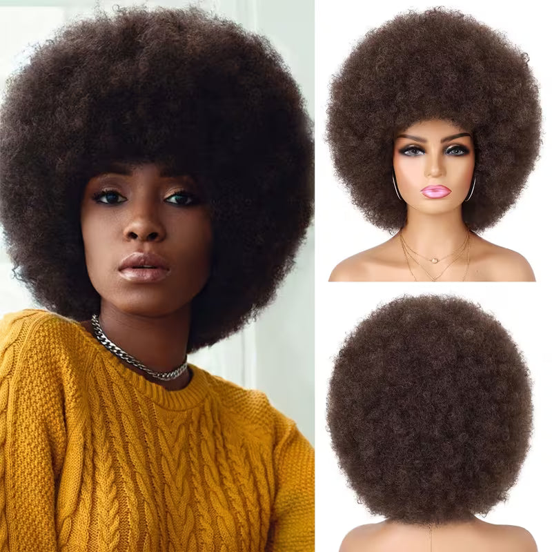 70's Afro Wig for Women, 25.4cm Short Afro Kinky Curly Wig, Glueless Synthetic Wig with Bangs, Puffy &amp; Fluffy Bouncy Afro Wig for Daily Cosplay Party business,