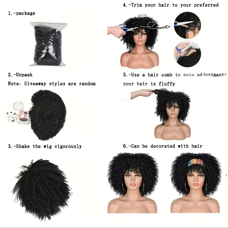 25.4cm Short Afro Kinky Curly Wig with Bangs - Synthetic Fiber Full Wig