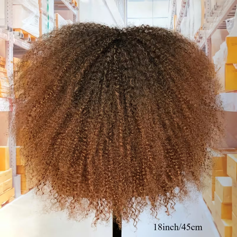 18-Inch Afro Kinky Curly Wig with Bangs for Women - Soft, Voluminous Synthetic Hair, Dark Brown to Blonde Gradient, Rose Net Cap,