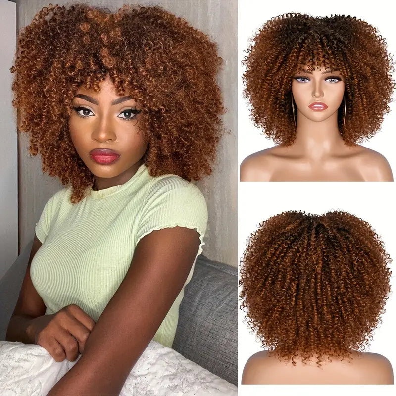 25.4cm Short Afro Kinky Curly Wig with Bangs - Synthetic Fiber Full Wig