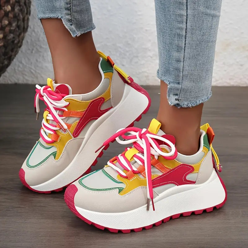 LYKU Women's 2024 Red Chunky Platform Lace-Up Dad Shoes - Low-Top Sneakers