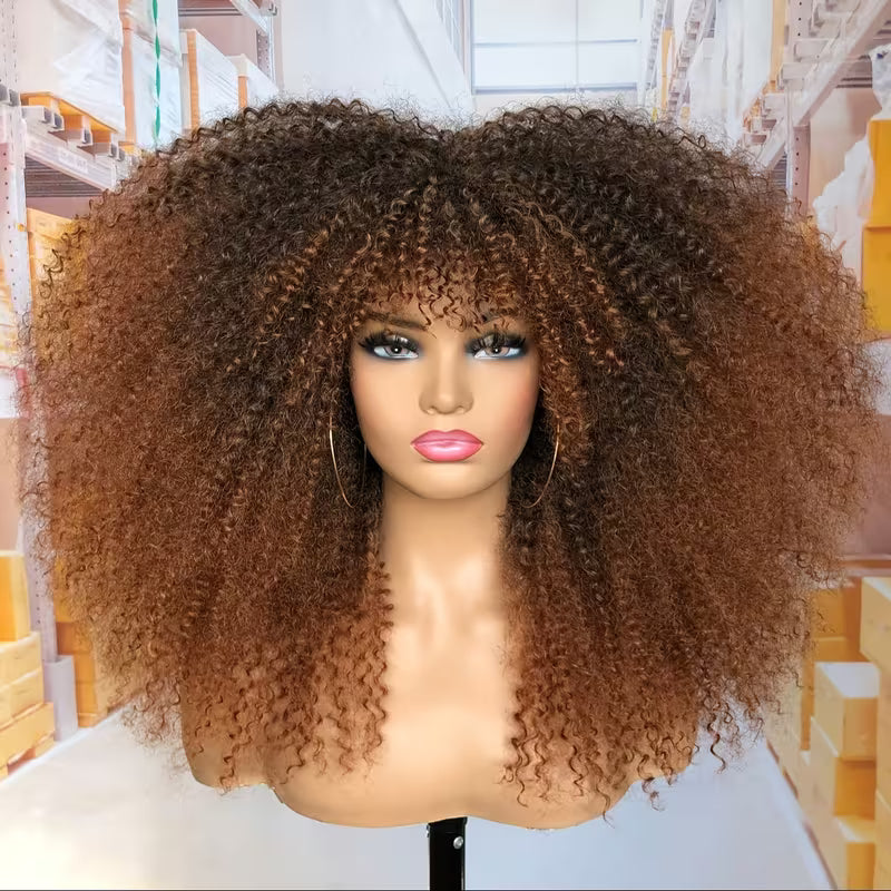 18-Inch Afro Kinky Curly Wig with Bangs for Women - Soft, Voluminous Synthetic Hair, Dark Brown to Blonde Gradient, Rose Net Cap,