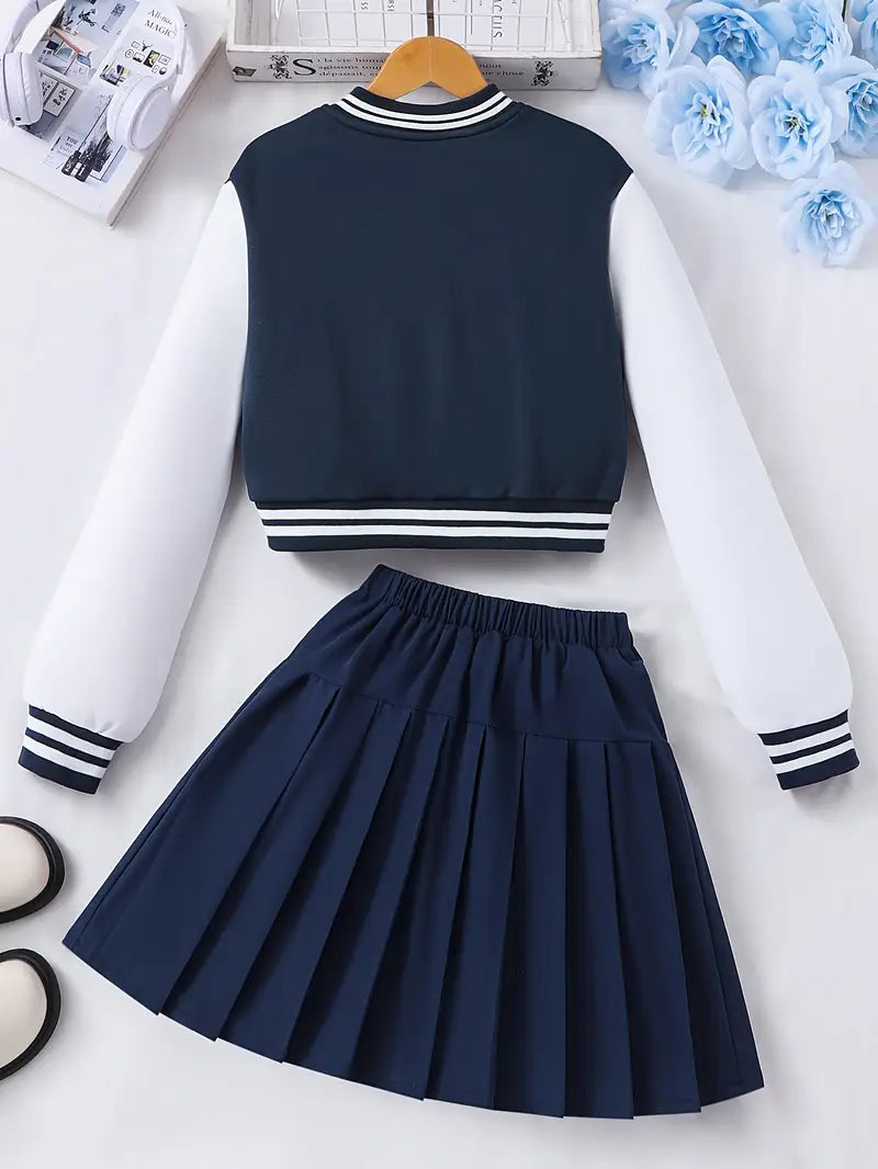 Preppy Style Basebsll Jacket and Pleated Skirt set