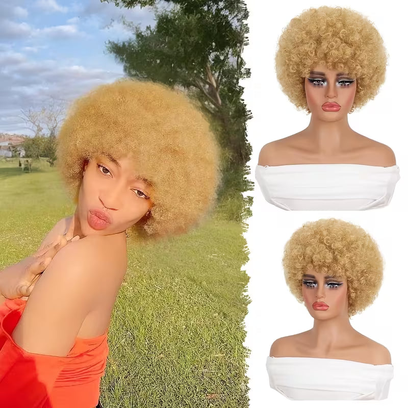 70's Afro Wig for Women, 25.4cm Short Afro Kinky Curly Wig, Glueless Synthetic Wig with Bangs, Puffy &amp; Fluffy Bouncy Afro Wig for Daily Cosplay Party business,