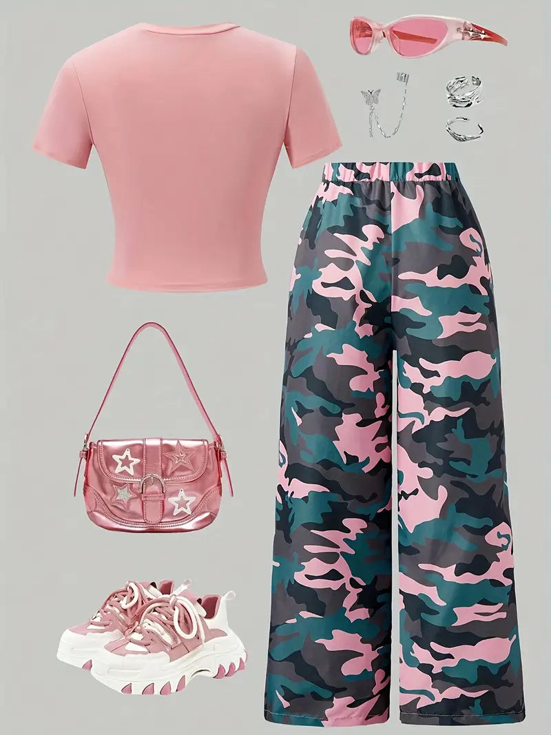 Girls Fashionable Camo Print Sleeve T-Shirt