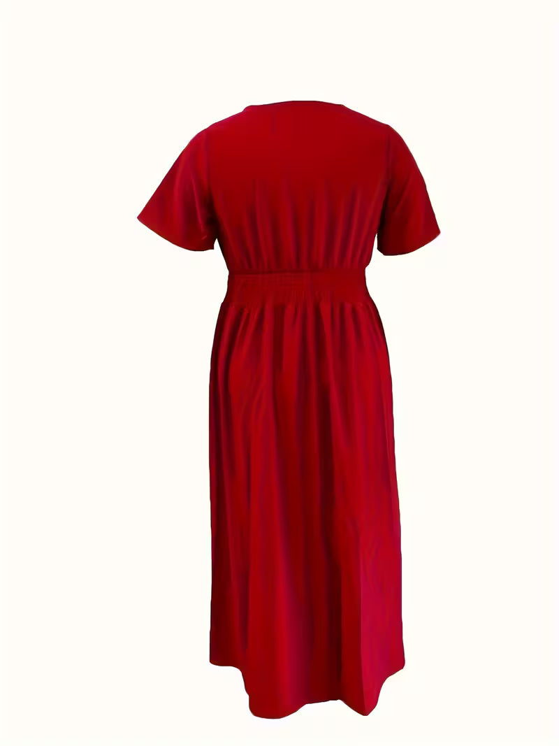 Plus Size V-Neck Dress with Smocked Detail - Vibrant Red Smooth Non-Stretch Fabric, Fitted Silhouette &amp; Machine Washable for All-Season Casua