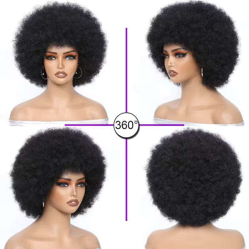 70's Afro Wig for Women, 25.4cm Short Afro Kinky Curly Wig, Glueless Synthetic Wig with Bangs, Puffy &amp; Fluffy Bouncy Afro Wig for Daily Cosplay Party business,