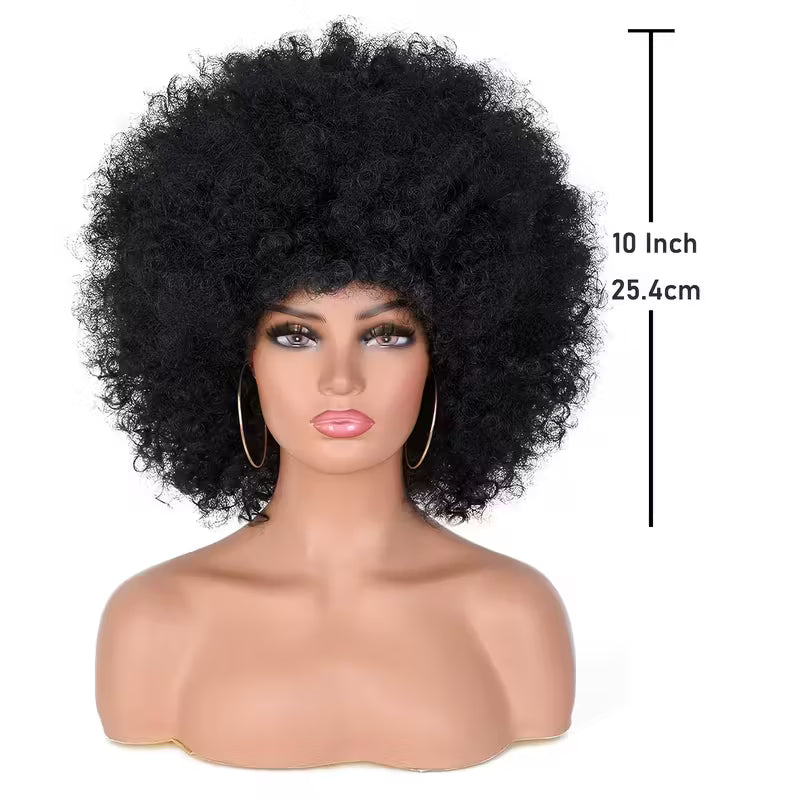 70's Afro Wig for Women, 25.4cm Short Afro Kinky Curly Wig, Glueless Synthetic Wig with Bangs, Puffy &amp; Fluffy Bouncy Afro Wig for Daily Cosplay Party business,