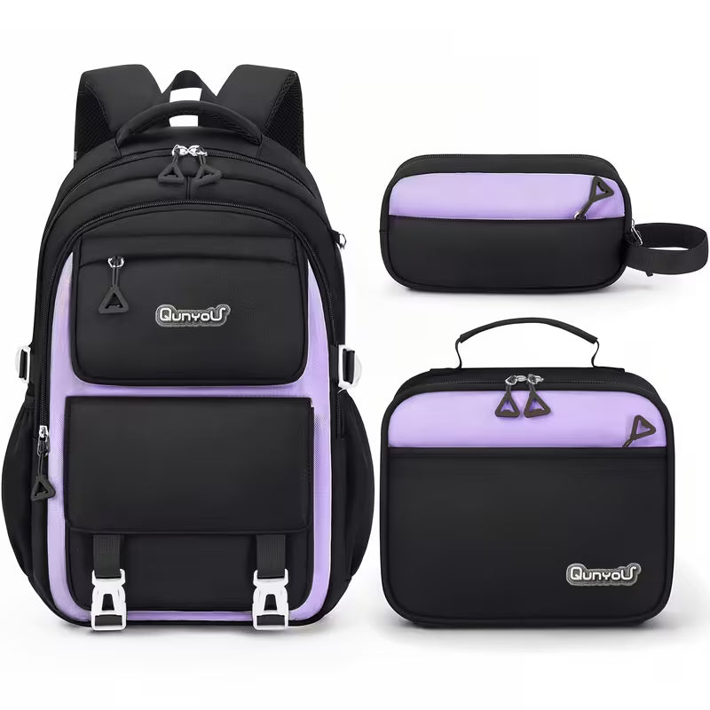 3pcs Casual Backpack Handbag Set, Fashionable Black with Purple Backpack, 15, 6-Inch Laptop Backpack,
