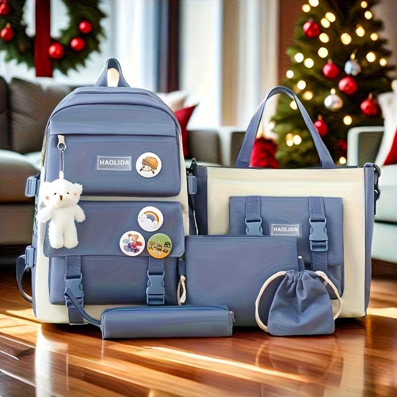 5pcs Campus Backpack Set, Canvas Backpack with Plush Bear, Badge, Coin Wallet