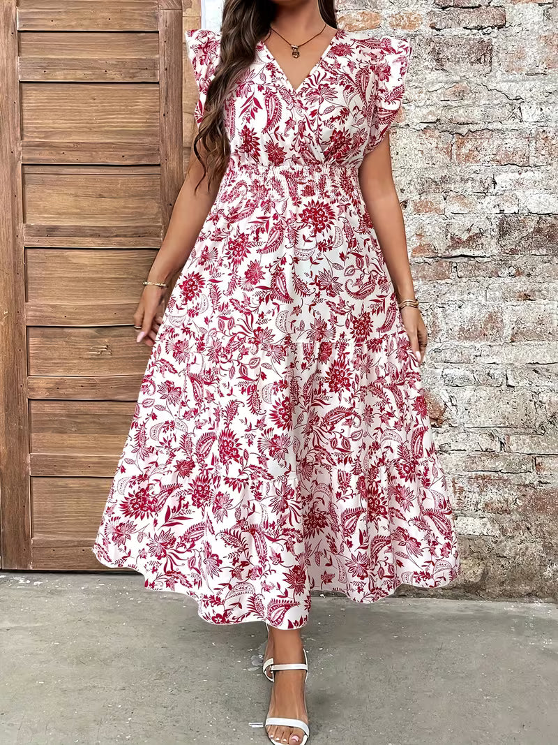 Plus Size - Plus Size - Plus Size - Plus Size - Plus Size - Plus Size, - Plus Size, Women'S Plus Size Elegant Floral Print V-Neck Dress - Red & Floral pattern, Flowy A-Line Silhouette for Casual Outings & Semi-Formal Events, Non-Stretchy Fabric
