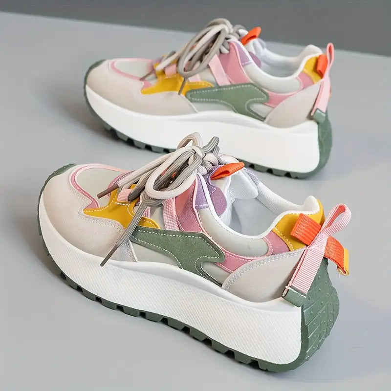 LYKU Women's 2024 Red Chunky Platform Lace-Up Dad Shoes - Low-Top Sneakers