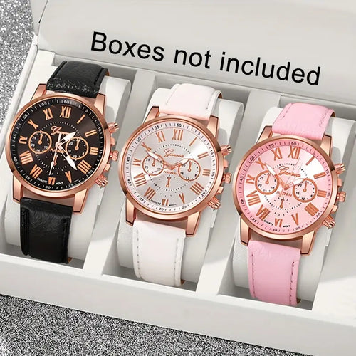 3pcs Fashionable And Simple Roman Watch Round Quartz Watch PU Leather Wrist Ideal Choice for Gifts