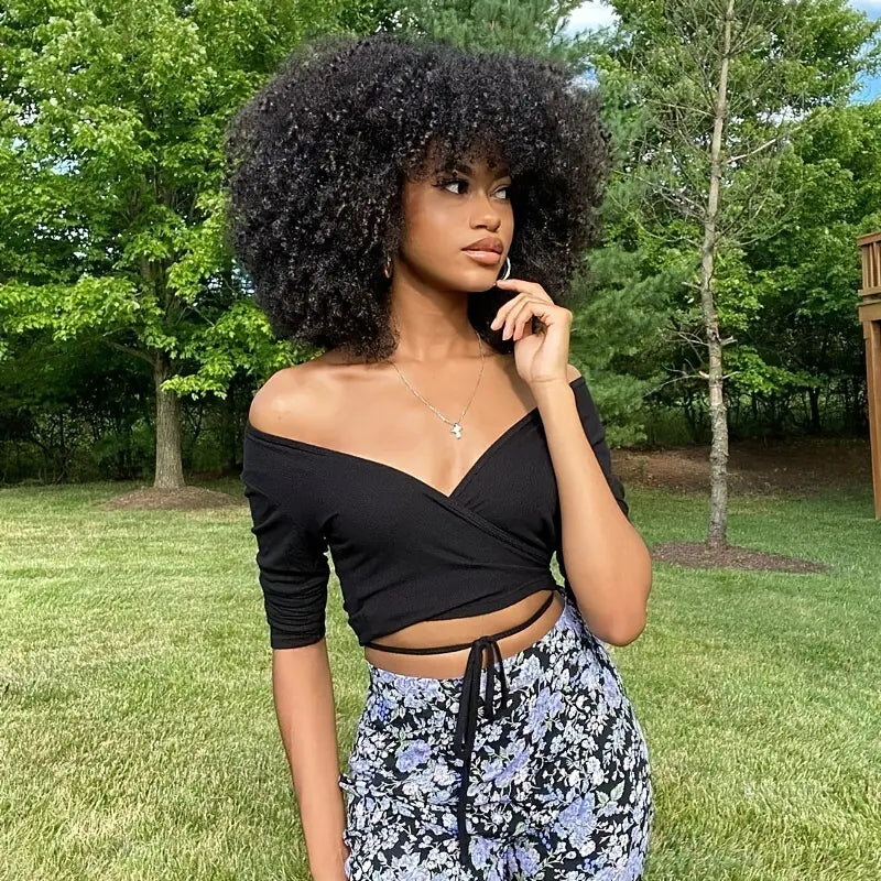 25.4cm Short Afro Kinky Curly Wig with Bangs - Synthetic Fiber Full Wig