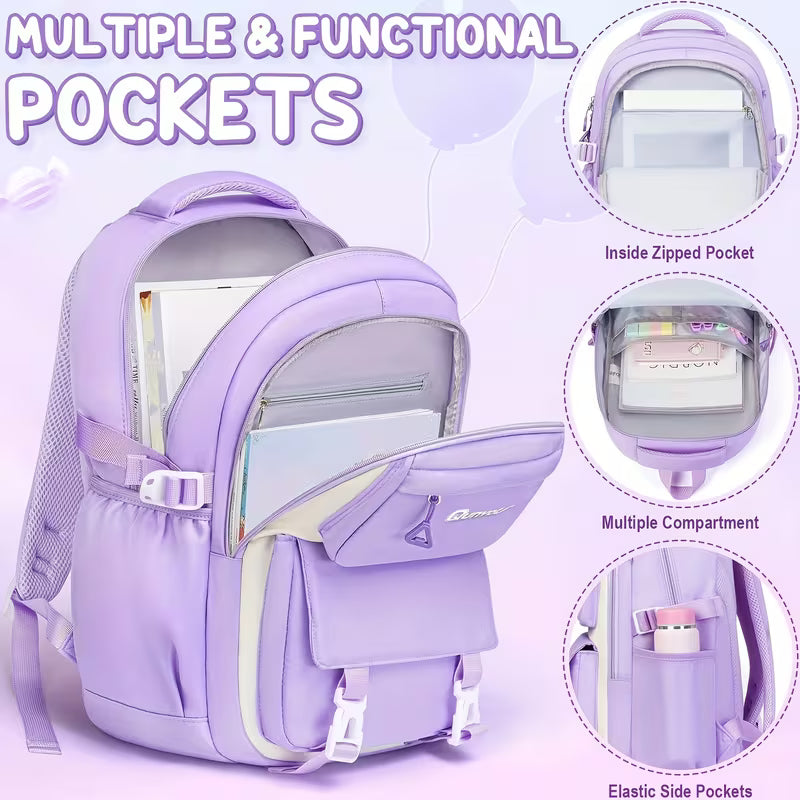 3pcs Casual Backpack Handbag Set, Fashionable Black with Purple Backpack, 15, 6-Inch Laptop Backpack,