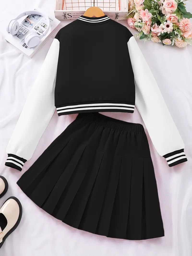 Preppy Style Basebsll Jacket and Pleated Skirt set