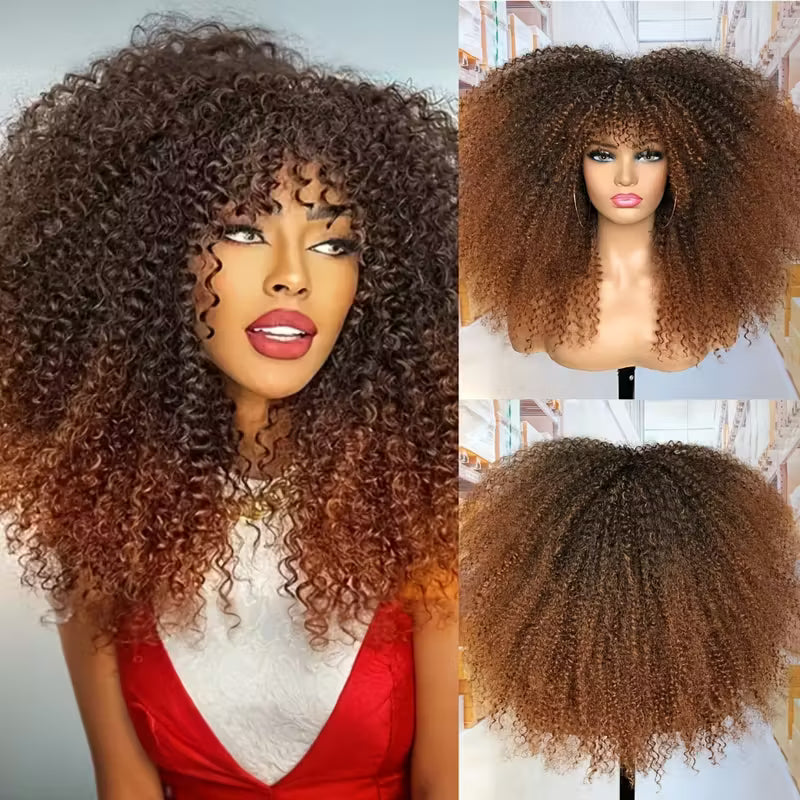 18-Inch Afro Kinky Curly Wig with Bangs for Women - Soft, Voluminous Synthetic Hair, Dark Brown to Blonde Gradient, Rose Net Cap,