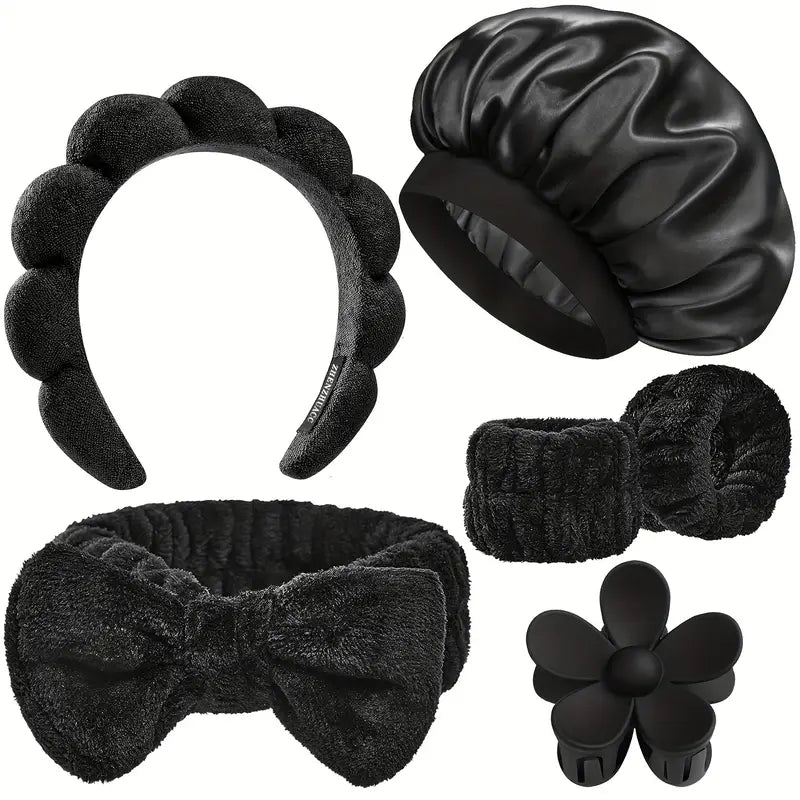 6pcs Spa Headband for Makeup Sleeping Bonnet Set, Satin Bonnet for Sleeping Women, Headband for Washing Face Non Slip, Face wash and makeup sleeping set