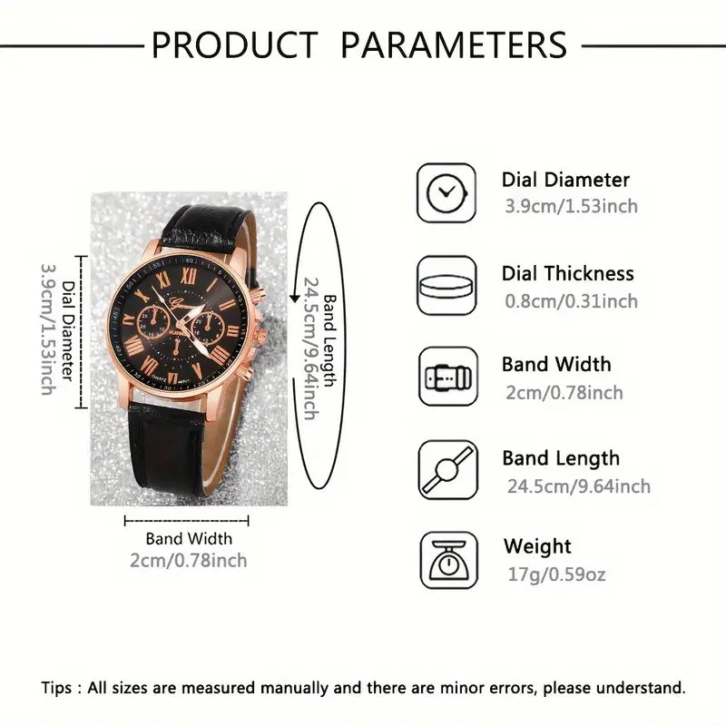 3pcs Fashionable And Simple Roman Watch Round Quartz Watch PU Leather Wrist Ideal Choice for Gifts