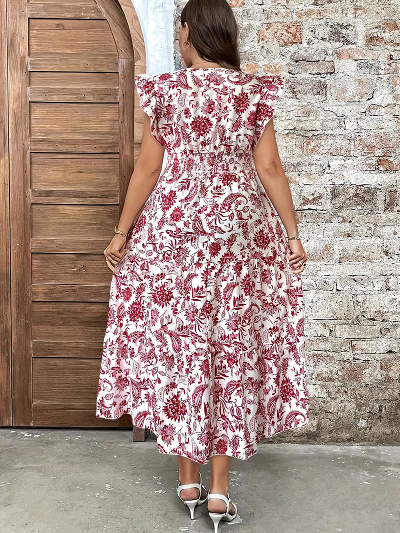 Plus Size - Plus Size - Plus Size - Plus Size - Plus Size - Plus Size, - Plus Size, Women'S Plus Size Elegant Floral Print V-Neck Dress - Red & Floral pattern, Flowy A-Line Silhouette for Casual Outings & Semi-Formal Events, Non-Stretchy Fabric
