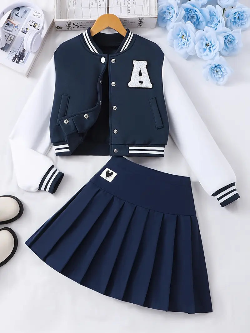 Preppy Style Basebsll Jacket and Pleated Skirt set