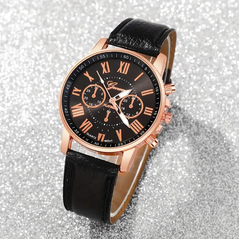 3pcs Fashionable And Simple Roman Watch Round Quartz Watch PU Leather Wrist Ideal Choice for Gifts
