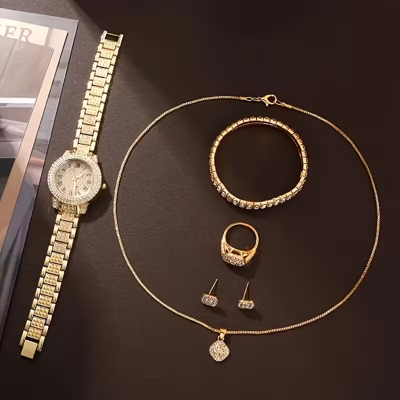 6pcs Luxury Fashion Women'S Jewelry Set, Zinc Alloy Quartz Watch with Necklace,