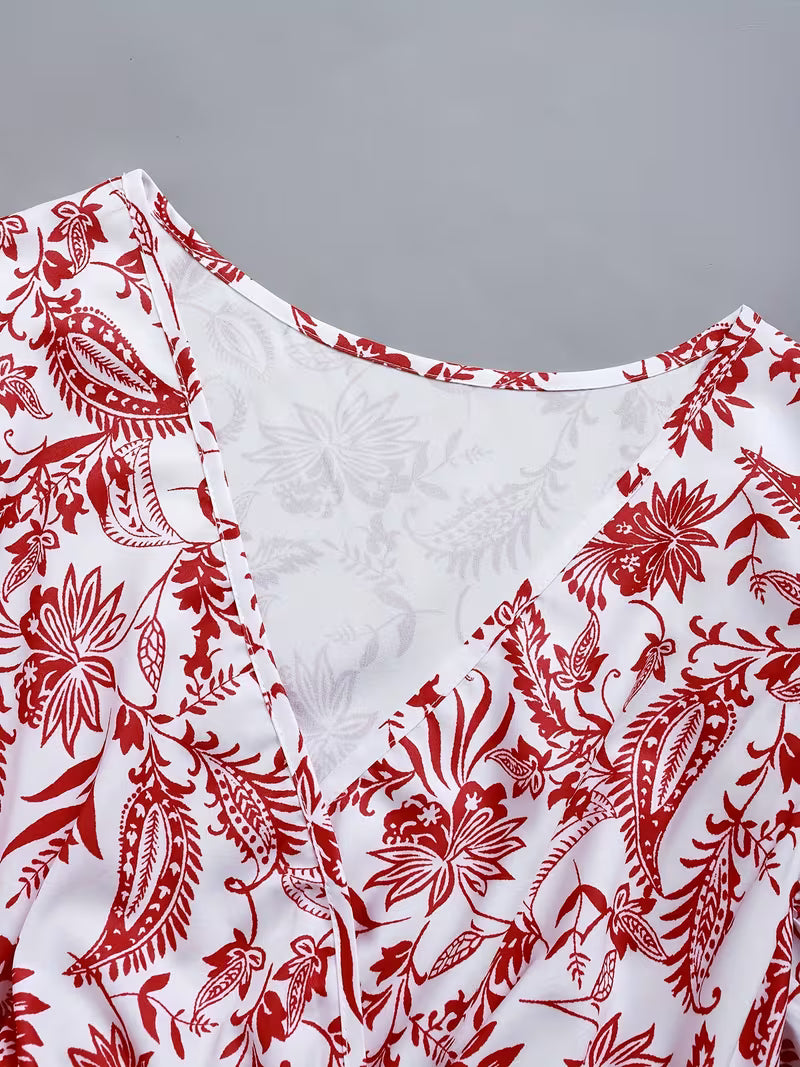 Plus Size - Plus Size - Plus Size - Plus Size - Plus Size - Plus Size, - Plus Size, Women'S Plus Size Elegant Floral Print V-Neck Dress - Red & Floral pattern, Flowy A-Line Silhouette for Casual Outings & Semi-Formal Events, Non-Stretchy Fabric