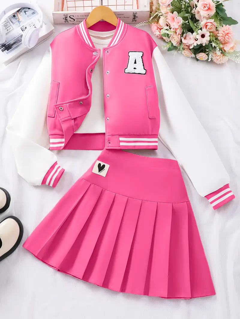 Preppy Style Basebsll Jacket and Pleated Skirt set