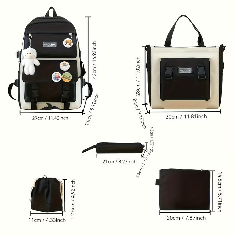 5pcs Campus Backpack Set, Canvas Backpack with Plush Bear, Badge, Coin Wallet