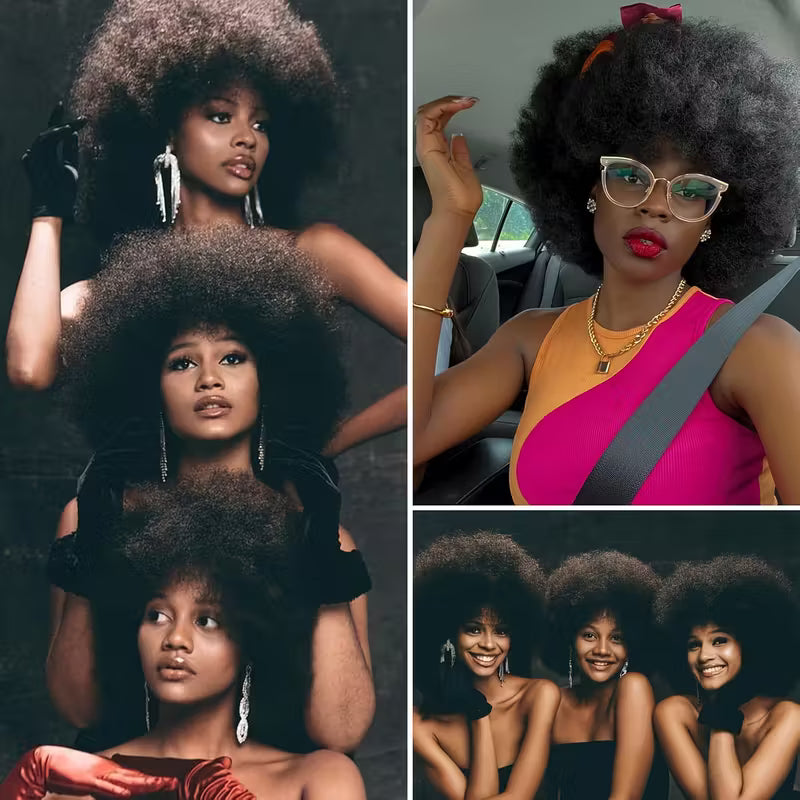 70's Afro Wig for Women, 25.4cm Short Afro Kinky Curly Wig, Glueless Synthetic Wig with Bangs, Puffy &amp; Fluffy Bouncy Afro Wig for Daily Cosplay Party business,