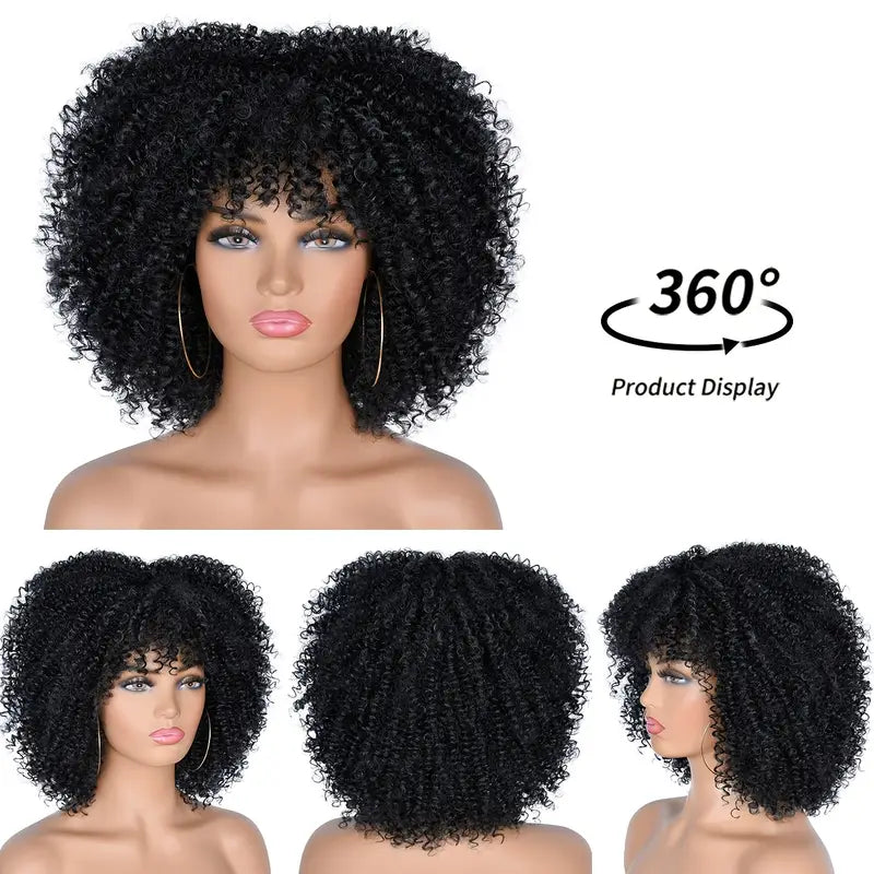 25.4cm Short Afro Kinky Curly Wig with Bangs - Synthetic Fiber Full Wig