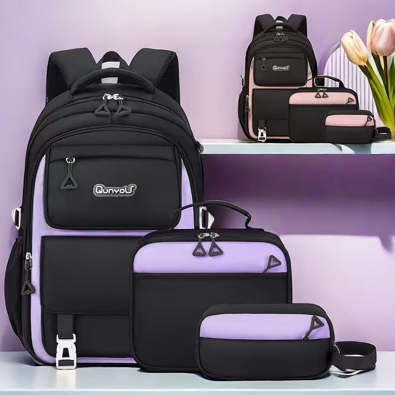 3pcs Casual Backpack Handbag Set, Fashionable Black with Purple Backpack, 15, 6-Inch Laptop Backpack,