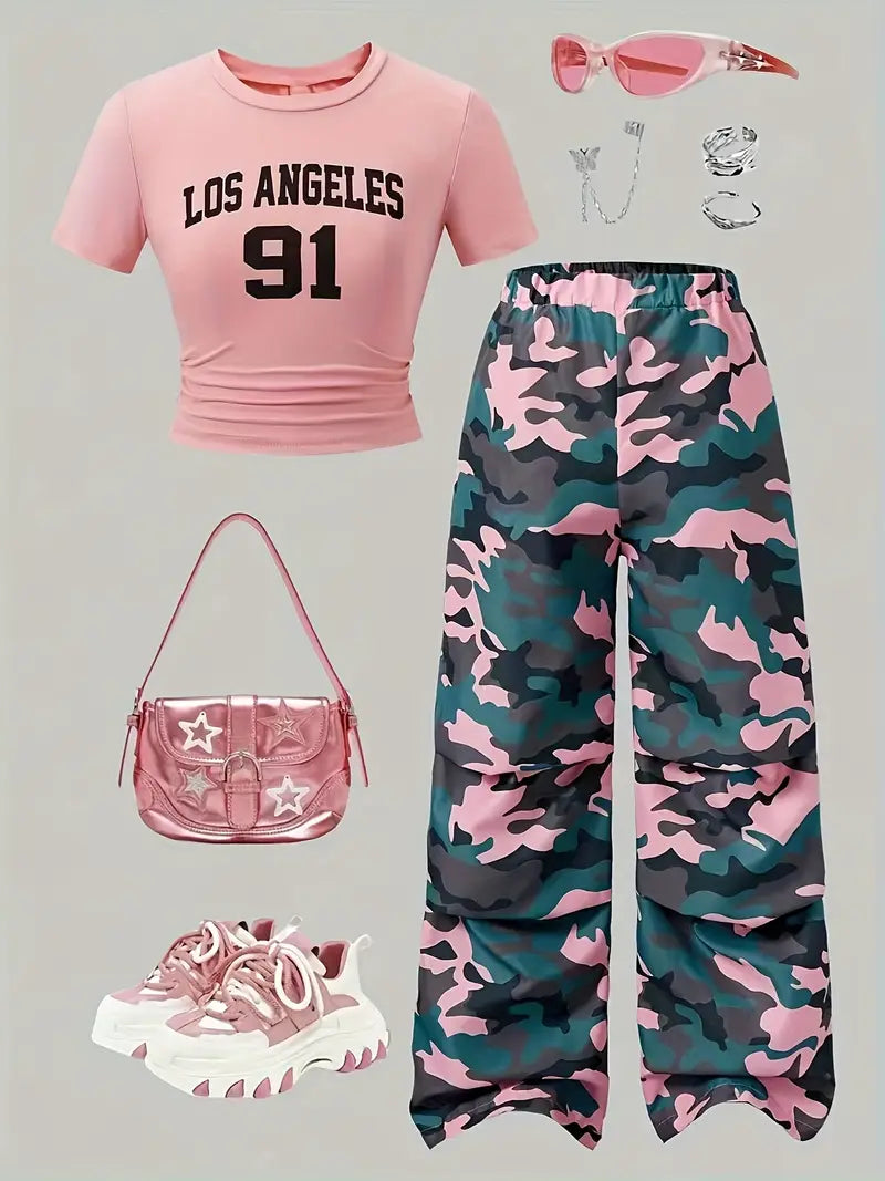 Girls Fashionable Camo Print Sleeve T-Shirt