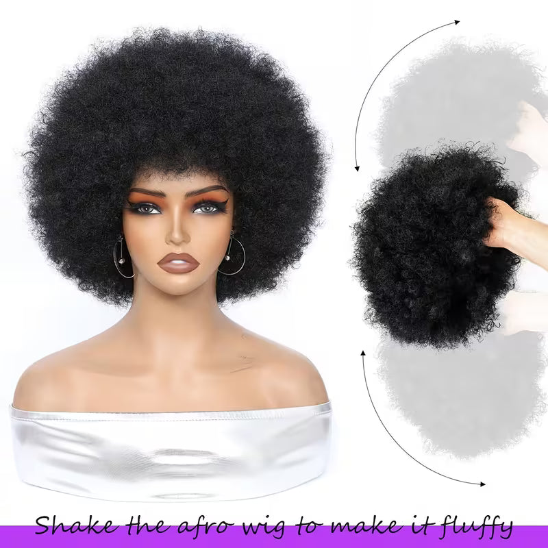 70's Afro Wig for Women, 25.4cm Short Afro Kinky Curly Wig, Glueless Synthetic Wig with Bangs, Puffy &amp; Fluffy Bouncy Afro Wig for Daily Cosplay Party business,