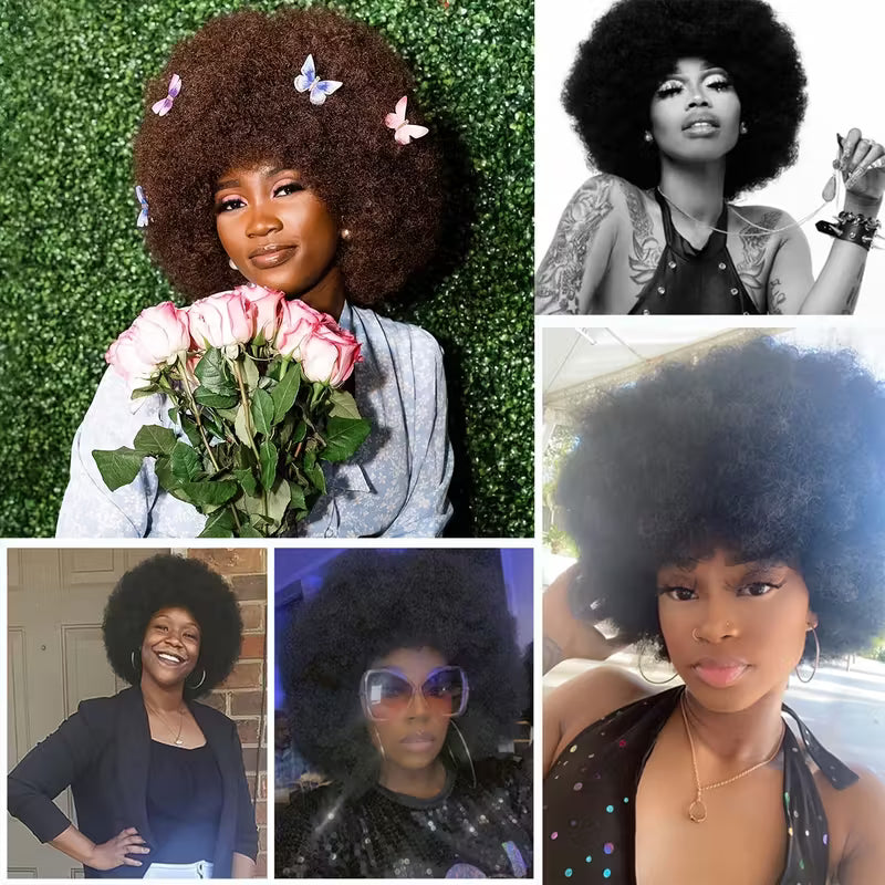 70's Afro Wig for Women, 25.4cm Short Afro Kinky Curly Wig, Glueless Synthetic Wig with Bangs, Puffy &amp; Fluffy Bouncy Afro Wig for Daily Cosplay Party business,