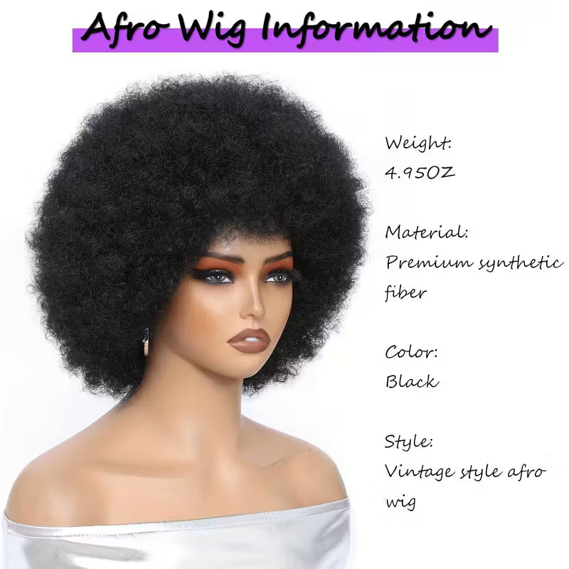 70's Afro Wig for Women, 25.4cm Short Afro Kinky Curly Wig, Glueless Synthetic Wig with Bangs, Puffy &amp; Fluffy Bouncy Afro Wig for Daily Cosplay Party business,