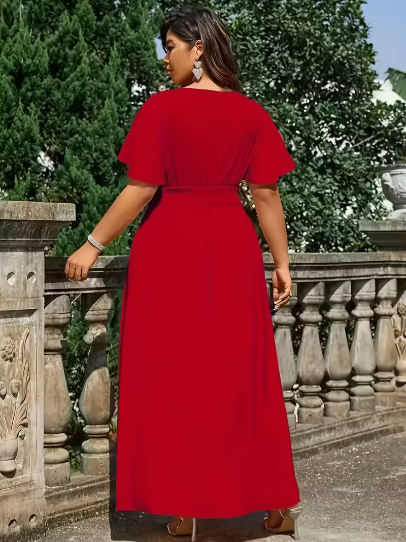 Plus Size V-Neck Dress with Smocked Detail - Vibrant Red Smooth Non-Stretch Fabric, Fitted Silhouette &amp; Machine Washable for All-Season Casua