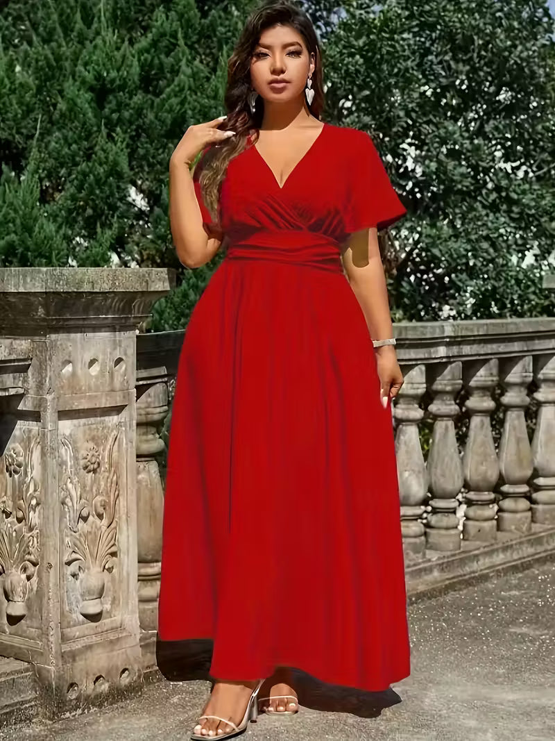 Plus Size V-Neck Dress with Smocked Detail - Vibrant Red Smooth Non-Stretch Fabric, Fitted Silhouette &amp; Machine Washable for All-Season Casua