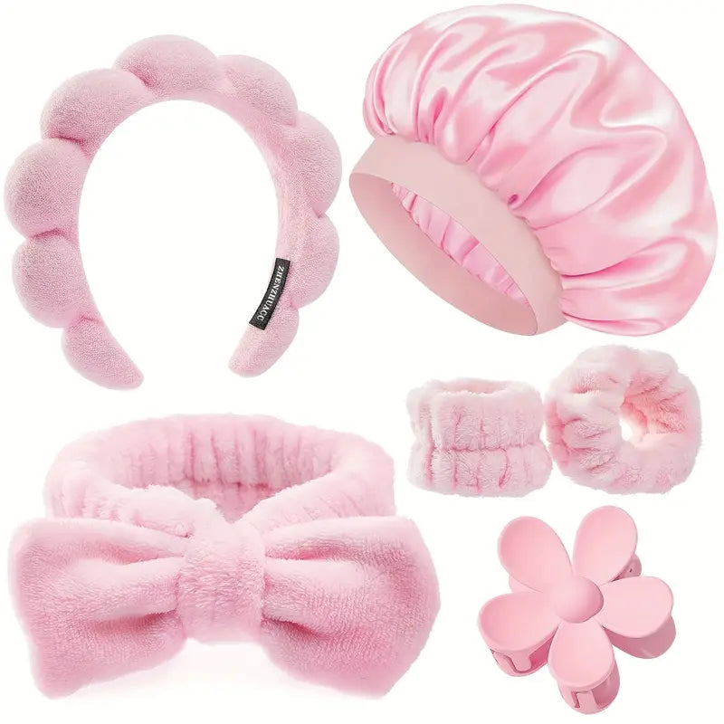 6pcs Spa Headband for Makeup Sleeping Bonnet Set, Satin Bonnet for Sleeping Women, Headband for Washing Face Non Slip, Face wash and makeup sleeping set