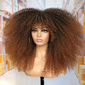 18-Inch Afro Kinky Curly Wig with Bangs for Women - Soft, Voluminous Synthetic Hair, Dark Brown to Blonde Gradient, Rose Net Cap,
