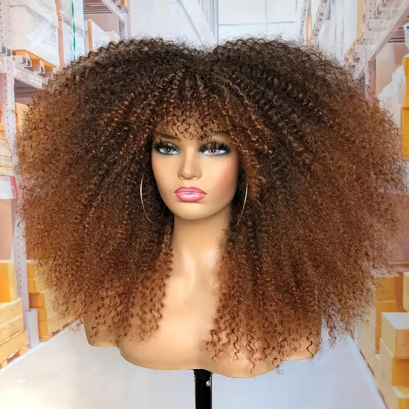 18-Inch Afro Kinky Curly Wig with Bangs for Women - Soft, Voluminous Synthetic Hair, Dark Brown to Blonde Gradient, Rose Net Cap,