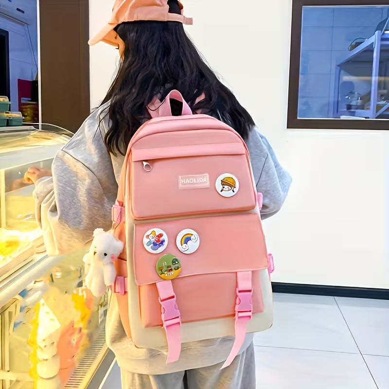 5pcs Campus Backpack Set, Canvas Backpack with Plush Bear, Badge, Coin Wallet