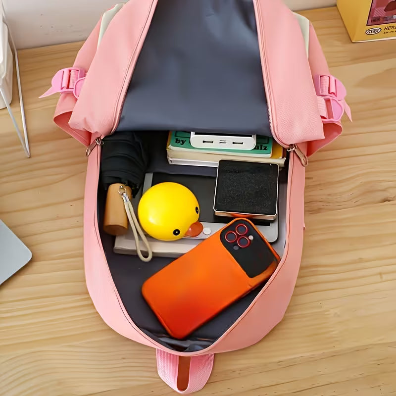 5pcs Campus Backpack Set, Canvas Backpack with Plush Bear, Badge, Coin Wallet