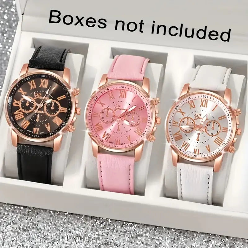 3pcs Fashionable And Simple Roman Watch Round Quartz Watch PU Leather Wrist Ideal Choice for Gifts