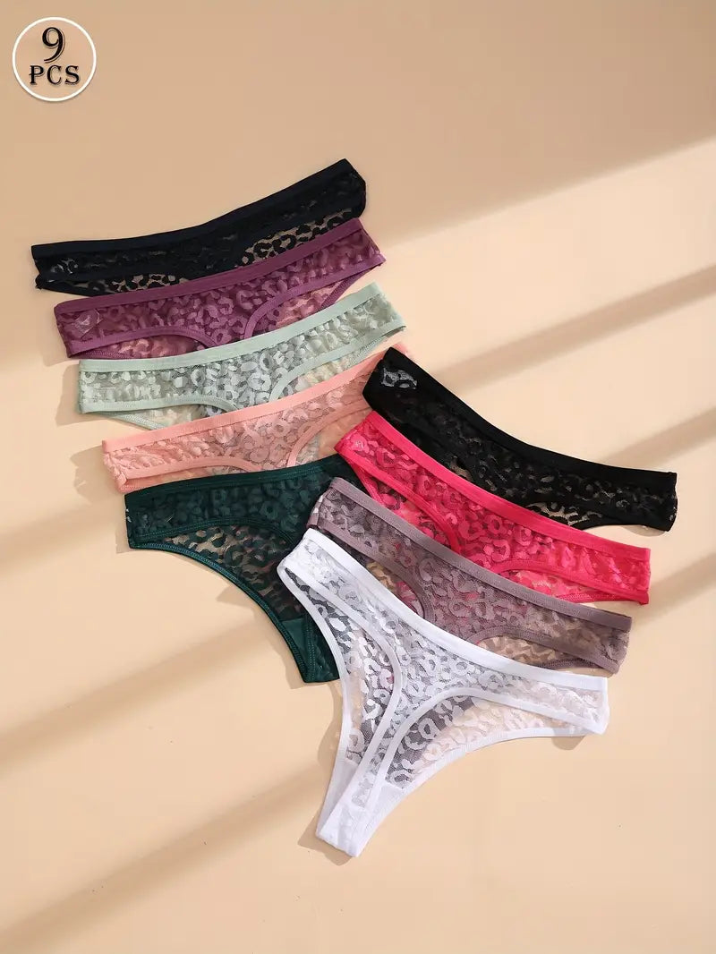 9pcs Women'S Sexy Lace Mesh Thongs - Seamless G-String Panties with Floral Patterns,